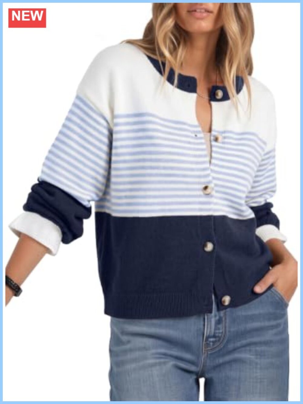 Striped Button Front Cropped Cardigan Sweater Women Long Sleeve